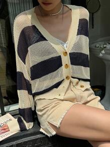 FRIFUL Women Colorblock Striped Long Sleeve Cardigan,Fall Women Clothes - Blue - View 1
