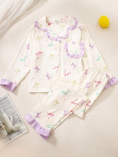 2pcs/Set Tween Girl Apricot Rayon Bowknot Ribbon Printed Long Sleeve Cardigan And Long Pants Casual Comfortable Pajamas Holiday Travel Releax Summer Clothes