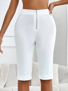 SHEIN Privé Women's Autumn Elegant White Front Zipper  Capri  Pants. Fall Pants. White Women Pants. Suitable For Casual Sports, Airport.