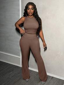 Slaydiva 两件套女士休闲百搭罗纹针织吊带背心和修身紧身裤套装 - 棕色 - 查看 7