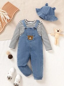 3st Barn Flickor Preppy Style Stickad Randig Topp, tvättad jeansoverall med avtagbar hattsats, Casual Elegant Höst Vinteroutfit - Blå - Visa 1