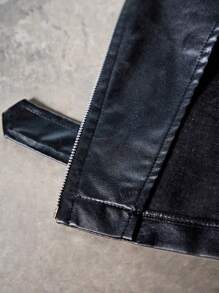 SHEIN Tween Girls Solid Color PU Leather Long Sleeve Cardigan Jacket, Autumn Winter - Black - View 6