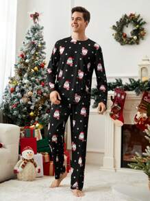 Men's Christmas Themed Printed Crew Neck Long Sleeve Top And Pants Pajamas Set, Fall Winter Clothes - Black - View 2