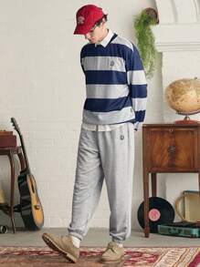 Manfinity VCAY Men's Digital Print Striped Loose Fit Crewneck Sweatshirt Set, For Fall Winter