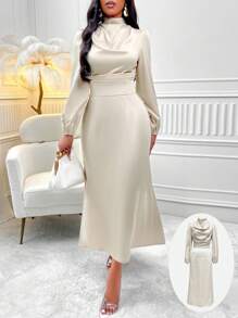 Zolique 燈籠袖緞面上衣和裙子 - 香檳色 - 查看 1