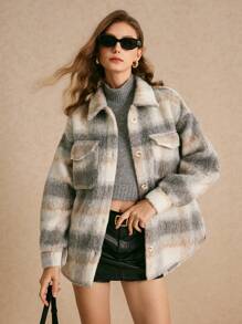 Poéselle 女士格纹工装口袋休闲夹克，适合秋冬，羊毛法兰绒大衣，夹克，冬季服装，轻松时尚必备，FW24 - 灰色 - 查看 2