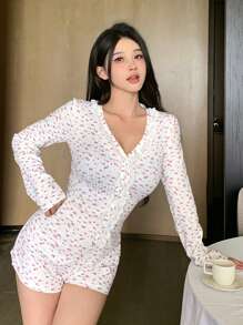 DAZY Ruffle Floral All Over Print Long Sleeve Casual Romper Pajama - White - View 9