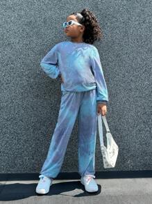 SHEIN 2 piezas/Conjunto Estilo callejero para niña preadolescente Sudadera de cuello redondo de punto con efecto tie-dye y pantalones largos Conjuntos a juego/a conjunto (se venden por separado) - Azul - Ver 4