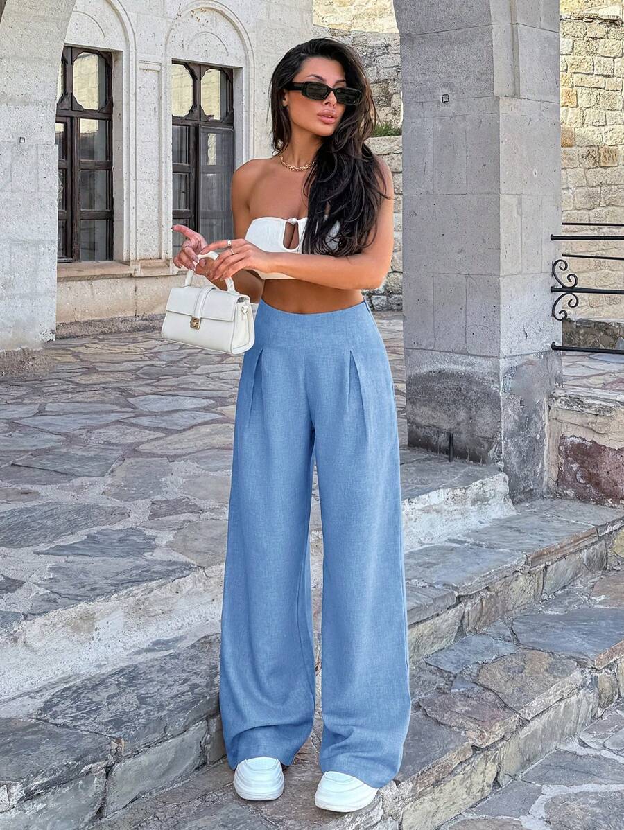 RueChic 女士亞麻米色寬腿褲