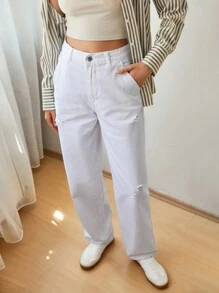 SHEIN Cottnline WOMEN FASHIONABLE SKATER FLARE JEANS - Beige - View 3