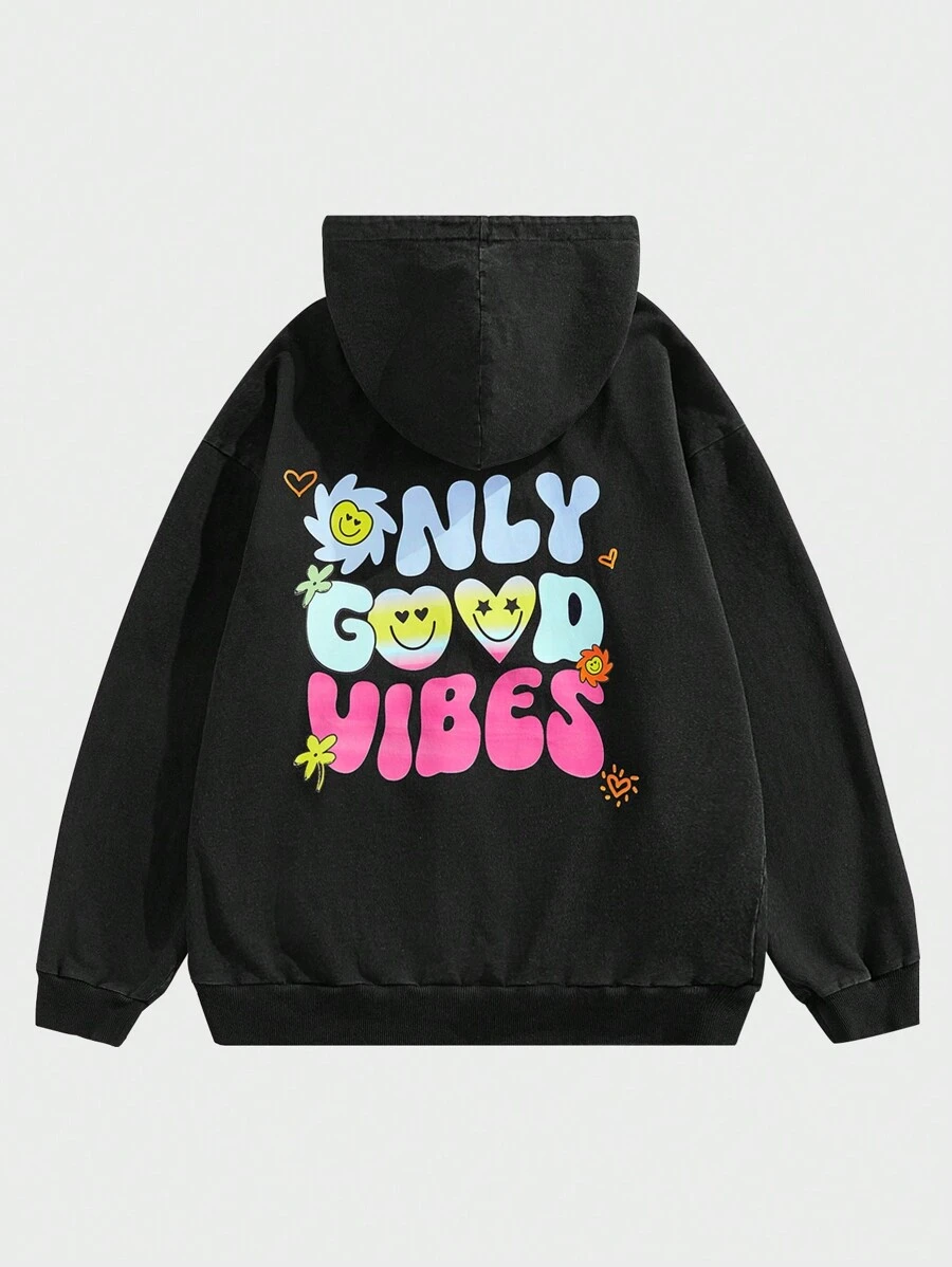 Chillumni Men's Black Cartoon Graffiti Print Casual Pullover Hoodie - Black - View 1