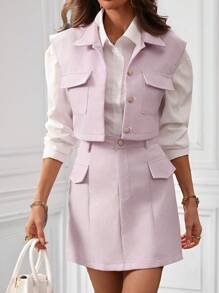 Chiquease Spring Autumn Purple Solid Color Sleeveless Cropped Blazer & Mini Skirt Suit Set,Business Casual Women - Purple - View 1