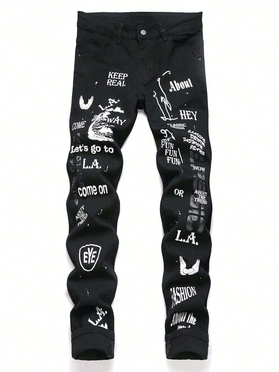 Manfinity LEGND Quần Jeans Denim Ôm Vừa In Chữ Thường Ngày Cho Nam - màu đen - Xem 1