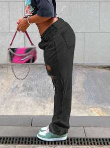 Damskie amerykańskie jeansy w stylu ulicznym, ze średnim stanem i prostą nogawką