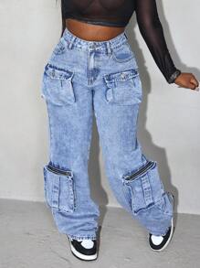 Slaydiva Solid Color Pocket Sexy Straight Leg Jeans - Light Wash - View 3