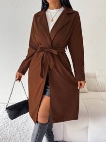 Chiquease Damen lange Jacke mit Polokragen, einfarbig, Langarm, Lässig, Herbst Winter