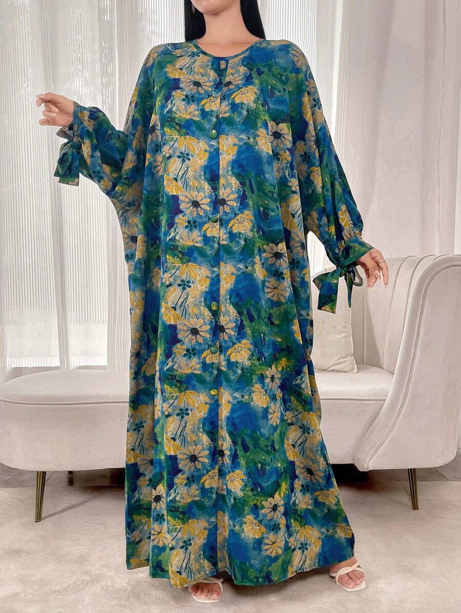 Al Najma 女士圆领抽绳长袖全身花卉印花朴素优雅土耳其连衣裙传统阿巴亚连衣裙，朴素，波西米亚宽松长袍和贾拉比亚 - 彩色 - 查看 1