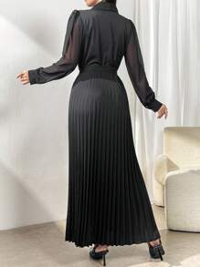 Modelyn Women's Flower Embroidery Mesh Contrast Long Sleeve Loose Long Dress - Black - View 7