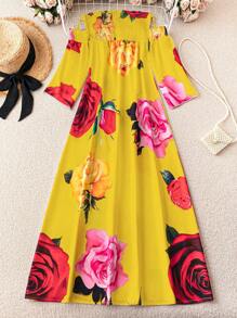 SHEIN Unity 女式满身花卉印花露肩休闲宽松时尚连衣裙 - 黃色 - 查看 2