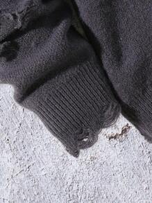 潮流青春秋冬星星刺绣破洞针织衫 - 深灰色 - 查看 4