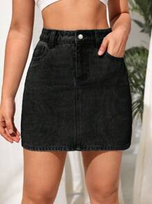Rok Denim Kasual Sederhana Warna Polos untuk Wanita - Dark Grey - View 4