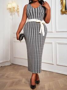 SHEIN Lady Lange elegant-lässige Kleider mit Gürtel in Schwarz oder Weiß, Zierknöpfe, Wollmischung, ärmellos, für Herbst und Winter, Große Größen, Abendkleid, kariertes Kleid