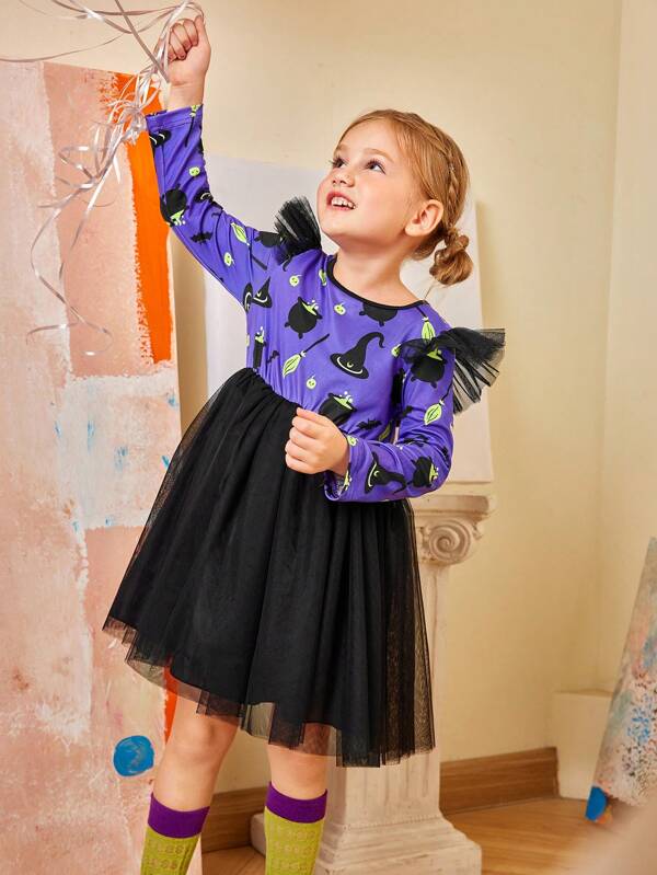 Halloween Party Girls Witch Cap Sleeve Mesh Dress, Girls Ghost Dress For Halloween