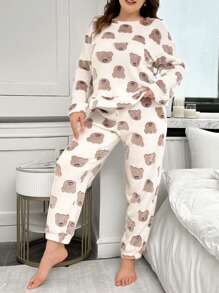 Plus Size Bear Print Flannel Long Sleeve Fluffy Pajama Set, Fall Winter Clothes - White - View 6