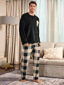 CoupledUp 男士毛绒拼色格子口袋半扣长袖睡衣套装，秋冬