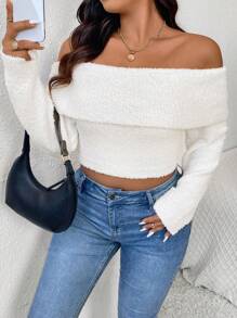 SHEIN Frenchy Jersey holgado de un solo color con mangas largas y hombros descubiertos para mujer de talla grande - Blanco - Ver 2