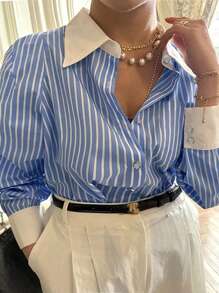 INAWLY 大码女式春夏休闲条纹宽松办公室衬衫女式衬衫 - 藍色 - 查看 1