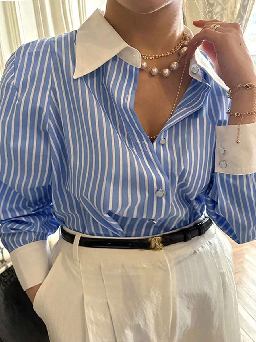 INAWLY 大码女式春夏休闲条纹宽松办公室衬衫女式衬衫 - 藍色 - 查看 1