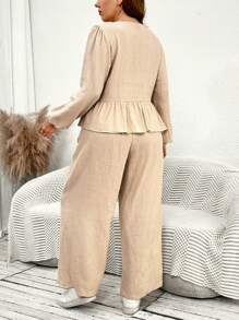 SHEIN Essnce 2pcs Women Plus Size Bowknot Front Cardigan Top And Casual Wide Leg Pants Set