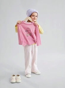 2 peças/Conjunto de Camisetas de Manga Longa de Malha com Estampa Fofa de Pato e Gato para Meninas Pequenas