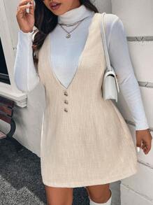 SHEIN Frenchy Plus Size V-Neck Front Button Minimalist Elegant Suspender Mini Dress - Apricot - View 6