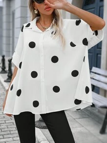 SHEIN LUNE Camisa de verano de manga corta con botones delanteros y estampado de lunares