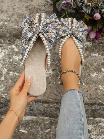 女士花卉印花拖鞋休闲蝴蝶结装饰拖鞋仿珍珠装饰沙滩鞋居家鞋户外时尚婚礼工作学校宿舍度假旅游沙滩均可穿