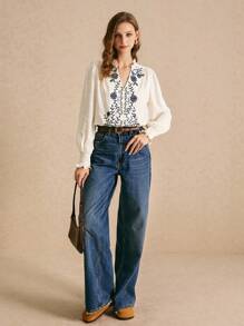 Poéselle White Linen Long-Sleeved Embroidered Shirt, Embroidered Shirt Women Embroidery Decorated Long Sleeve Blouse, Fall Women Clothes, Boho Style White Blouse, Featuring Intricate Embroidery, Luxurious Fabric, And Exceptional Breathability, This Garment Is Perfect For Everyday Wear, Commuting, Holidays, And Lounging At Home - White - View 6
