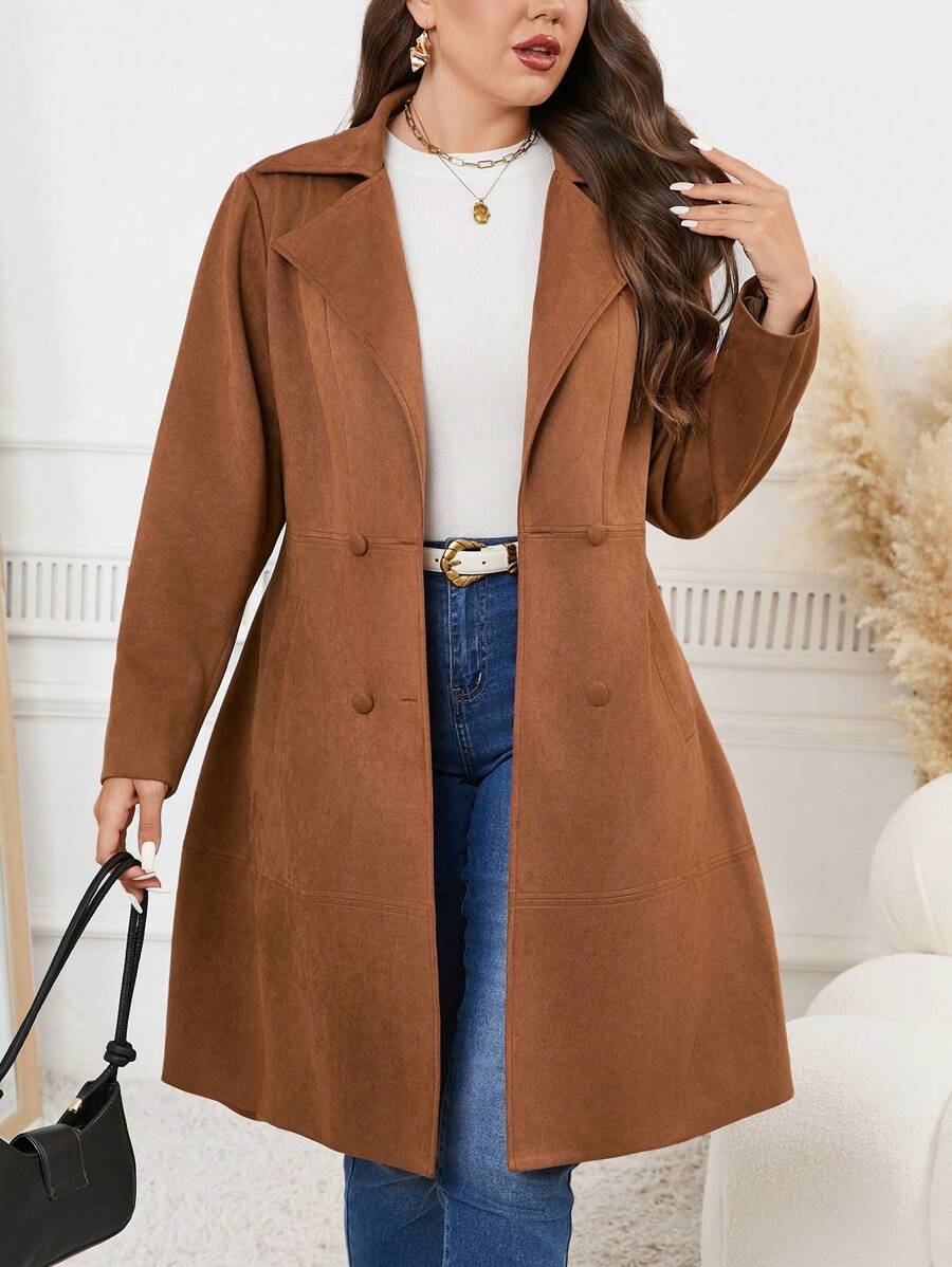 SHEIN Clasi Plus Size Women Solid Color Long Sleeve Lapel Casual Faux Suede Jacket, Winter Clothes