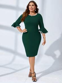 SHEIN Clasi 大码女式荷叶边喇叭袖紧身优雅连衣裙 - 墨綠色 - 查看 5