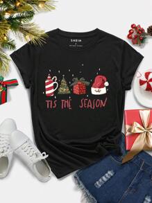 INAWLY Womnen Christmas Slogan Graphic Crew Neck Short Sleeve Black T-Shirt Graphic Tees Women Tops - Black - View 7