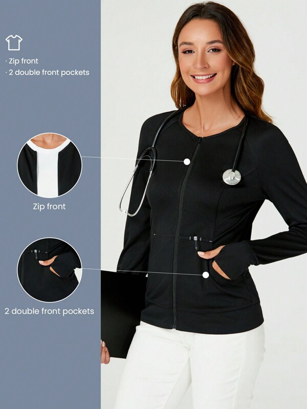 TaskEZ Women's Scrub Nurse Black Front Zip Long Sleeve 2 Pocket Jacket Jacket 1 Pen Slot