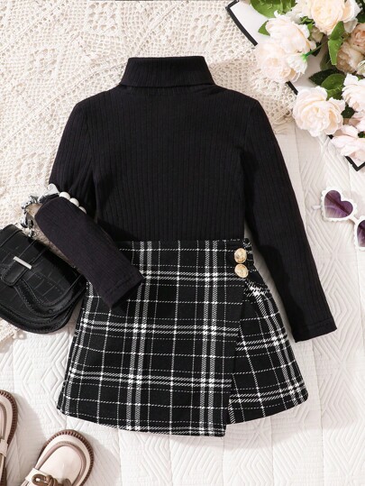 SHEIN 2pcs Young Girl And Young Girl High Collar Warm T-Shirt And Plaid Skirt Set, Girls Autumn Casual Wear