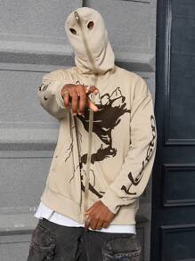 PAVTROS Sudadera con capucha con cremallera y estampado de letra de color contrastante para hombres - Albaricoque - Ver 2