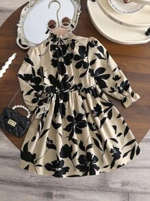 SHEIN Elladie kids Young Girls French Retro Floral Print Puff Sleeve Cinched Waist Loose A-Line Midi Dress, Casual, Spring/Autumn - Multicolor - View 2