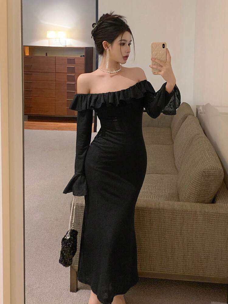 Party/Wedding Guest Ruffle Off Shoulder Long Sleeve Dress For Women, Birthday Prom Dress, Fall Dress Elegant Women Dress