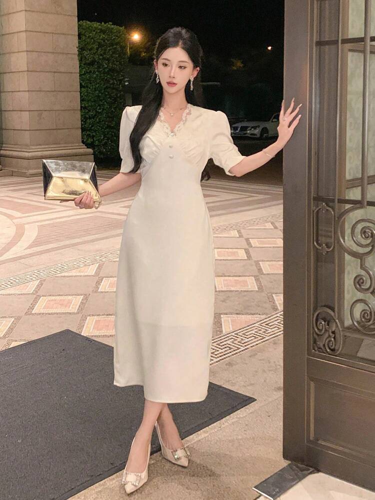 Women Lace Patchwork Mini Dress, Birthday Prom Dress Sundress, Fall Clothes Elegant Women Dress