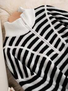 SHEIN Frenchy Plus Size Black And White Striped Pullover Sweater,Winter Clothes - Black and White - View 8