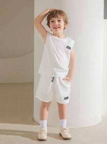 SHEIN Leap Crew Young Boy Letter Patched Detail Tank Top & Drawstring Waist Shorts - White - View 6