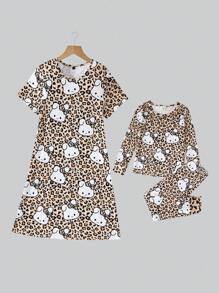 SHEIN 2pcs/Set Young Girl Cute Rabbit & Leopard Print Snug Fit Long Sleeve Pajama Set, Mommy And Me Matching Outfits (2 Pieces Sold Separately) - Multicolor - View 3